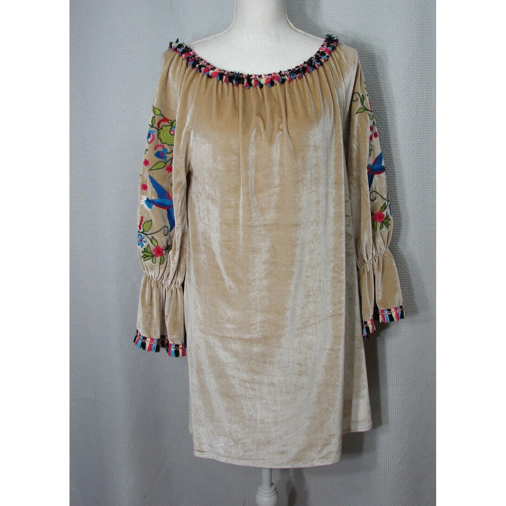 Velzera Beige Velour Embroidered Rainbow Fringe Sheath Dress Sz M Boho Hippie